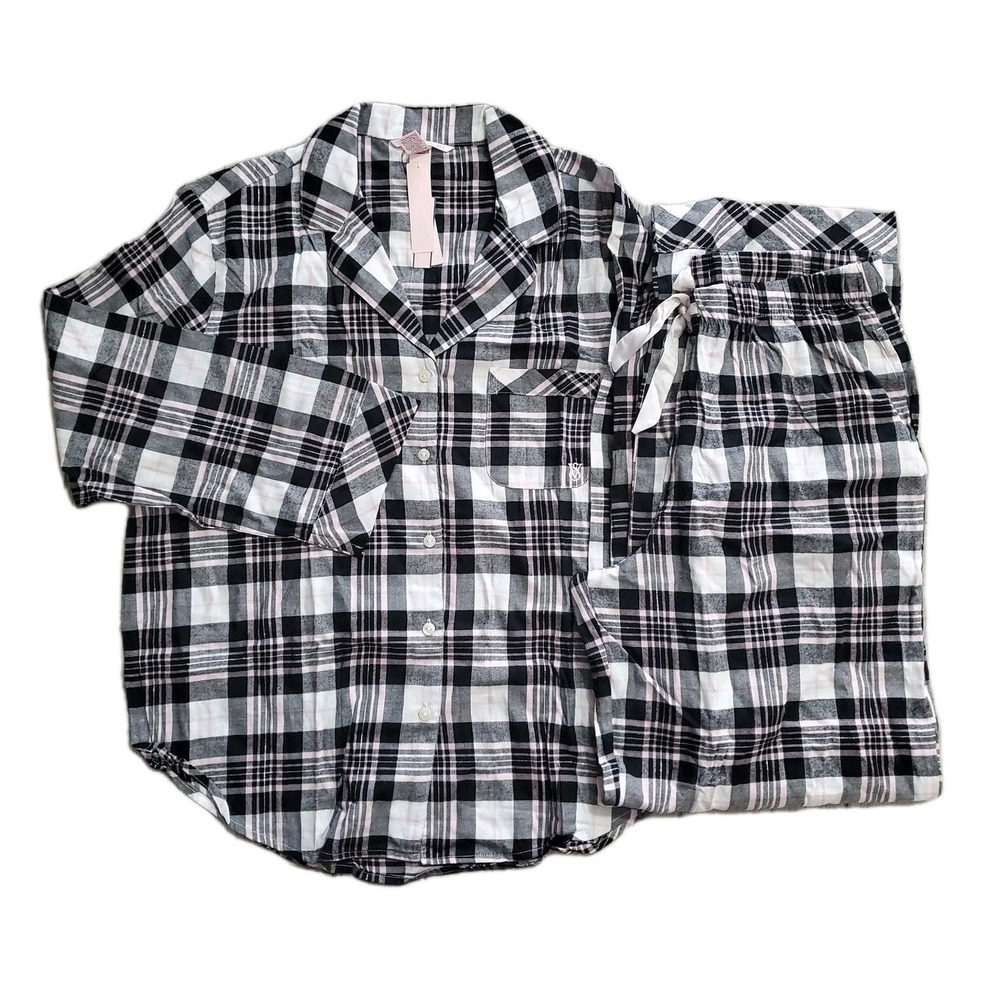 Victoria's Secret Flannel Pajama Set Black White Pink Plaid Long PJ Medium NWT
